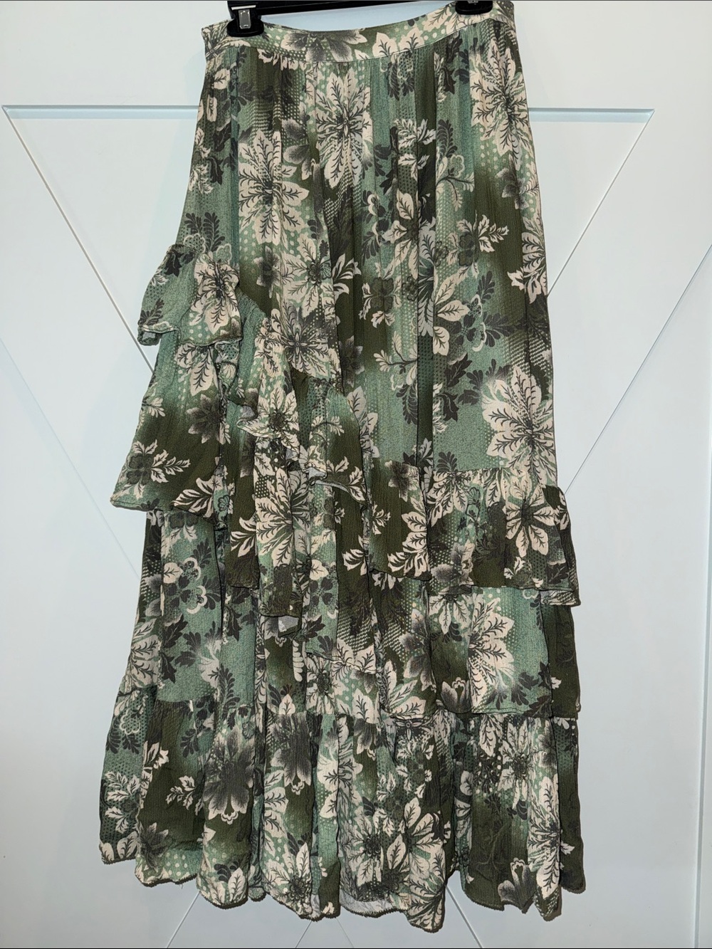 Free People Olive and Cream Floral Tiered Maxi Skirt